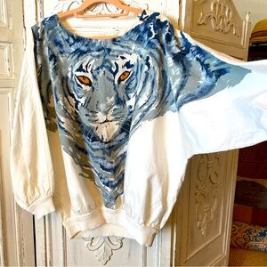 Vintage Young Edwardian Tiger Top Hand Painted (not sure) Cream Blue 3/4 Sleeves